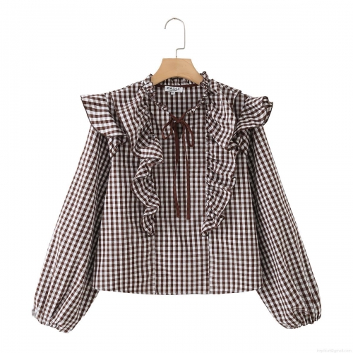 French Retro Gingham Ruffle Blouse 100% Cotton Long Sleeve Neck Tie Shirt For Women Casual Chic Plaid Streetwear Autumn Tops