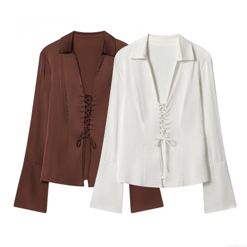 Women's Elegant Satin V-Neck Blouse Fashionable Lace-Up Front Long Sleeve Shirt With Flare Cuff Slim Fit Casual Chic Top For Ladies Daily Wear
