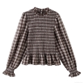 Women Brown Plaid Long Sleeve Cotton Shirt Smocking Ruffle Wood Ear Collar Blouse Casual Streetwear Elegant Top For Lady Fashion
