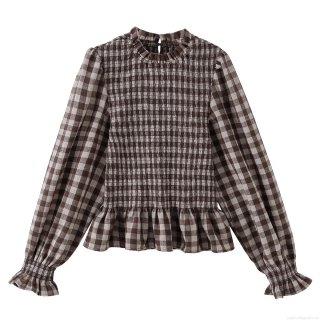 Women Brown Plaid Long Sleeve Cotton Shirt Smocking Ruffle Wood Ear Collar Blouse Casual Streetwear Elegant Top For Lady Fashion