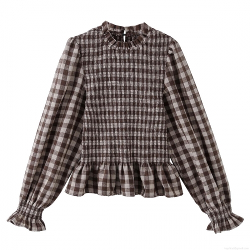 Women Brown Plaid Long Sleeve Cotton Shirt Smocking Ruffle Wood Ear Collar Blouse Casual Streetwear Elegant Top For Lady Fashion