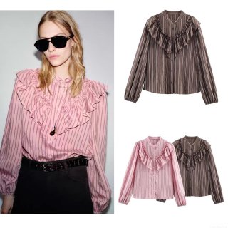 Women's Striped Shirt European Style Ruffle Design Stand Collar Long Sleeve Blouse Casual Streetwear Polyester Fashion Tops Spring Summer Ladies