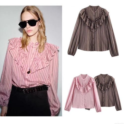 Women's Striped Shirt European Style Ruffle Design Stand Collar Long Sleeve Blouse Casual Streetwear Polyester Fashion Tops Spring Summer Ladies