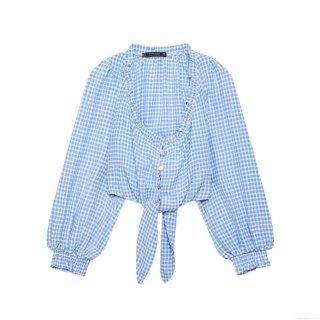 Women's Gingham Plaid Blouse Ruffle U-Neck Tie-Front Long Sleeve Shirt 100% Polyester Casual Summer Streetwear Sweet Top For Women