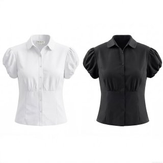 Women Vintage Bubble Sleeve Shirt Slim Fit Waist Pleated Lapel Single Breasted Short Sleeve Cotton Blend Blouse For Casual Daily Wear