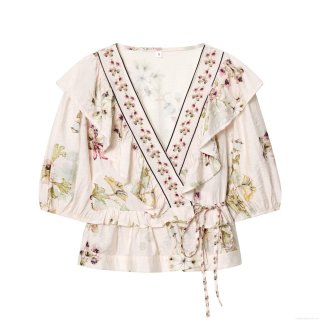 Women's Floral Print V-Neck Blouse Cotton Polyester Ruffle Peplum Hem Wrap Top With Tie Waist Short Puff Sleeve Summer Casual Shirt For Women Fashion