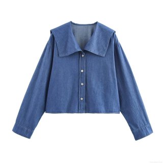 Women's Denim Sailor Collar Shirt Retro Large Lapel Long Sleeve Button Down Blouse Top for Casual Streetwear Fashion