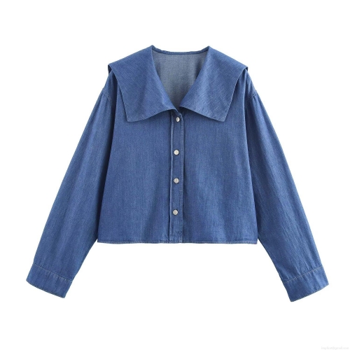 Women's Denim Sailor Collar Shirt Retro Large Lapel Long Sleeve Button Down Blouse Top for Casual Streetwear Fashion