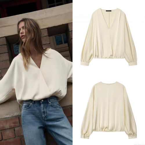 Women's Elegant Wrap V-Neck Satin Blouse Shiny Lantern Sleeve Long Sleeve Shirt Solid Beige Streetwear Top For Summer Spring Casual Lady Outfit