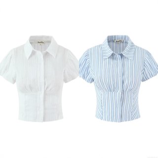 Women's Slim Fit Puff Sleeve Shirt Polyester Cotton Blend Jacquard Polo Collar Single Breasted Short Sleeve Blouse For Summer Streetwear Fashion Casual Top