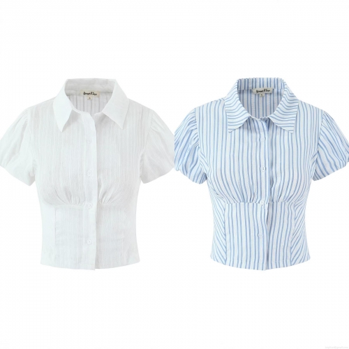 Women's Slim Fit Puff Sleeve Shirt Polyester Cotton Blend Jacquard Polo Collar Single Breasted Short Sleeve Blouse For Summer Streetwear Fashion Casual Top