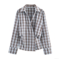 Women's Fashion Plaid Shirt Long Sleeve Polo Collar Button Down Cotton Blend Wrap Waist Blouse Casual Streetwear Top Light Blue Brown Plaid Autumn