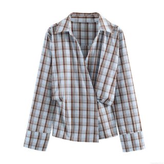 Women's Fashion Plaid Shirt Long Sleeve Polo Collar Button Down Cotton Blend Wrap Waist Blouse Casual Streetwear Top Light Blue Brown Plaid Autumn