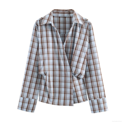 Women's Fashion Plaid Shirt Long Sleeve Polo Collar Button Down Cotton Blend Wrap Waist Blouse Casual Streetwear Top Light Blue Brown Plaid Autumn
