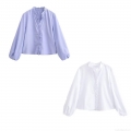 Women's Ruffle Stand Collar Blouse Elegant Lantern Sleeve Shirt Lavender White Long Sleeve Tops Vintage Streetwear Single Breasted Polyester Shirts