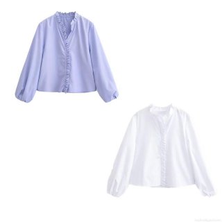 Women's Ruffle Stand Collar Blouse Elegant Lantern Sleeve Shirt Lavender White Long Sleeve Tops Vintage Streetwear Single Breasted Polyester Shirts