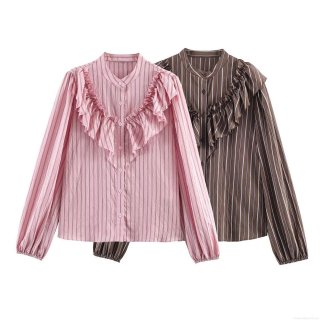 Women's Fashion Striped Ruffle Blouse Cotton Polyester Blend Stand Collar Long Sleeve Casual Shirt Summer Spring Streetwear Tops