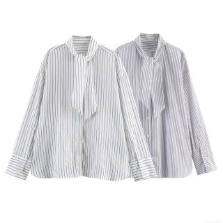 Women Stripe Poplin Shirt With Scarf Tie Collar Casual Loose Long Sleeve Button Down Blouse Office Chic Streetwear Fashion Tops