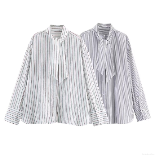 Women Stripe Poplin Shirt With Scarf Tie Collar Casual Loose Long Sleeve Button Down Blouse Office Chic Streetwear Fashion Tops