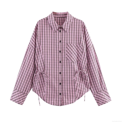 Women's Plaid Shirt Long Sleeve Turn-down Collar Button Down Loose Blouse With Drawstring Waist Pink Brown Gingham Top For Daily Streetwear