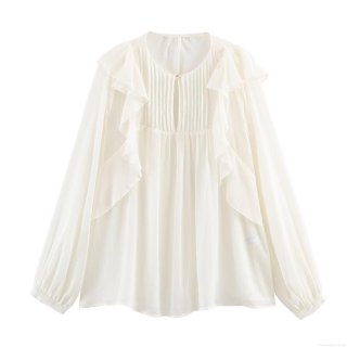 Women's Elegant Ruffle Chiffon Blouse Long Sleeve Pleated Lantern Sleeve Solid Off-white Loose Fit Shirt For Office Party Daily Streetwear Fashion
