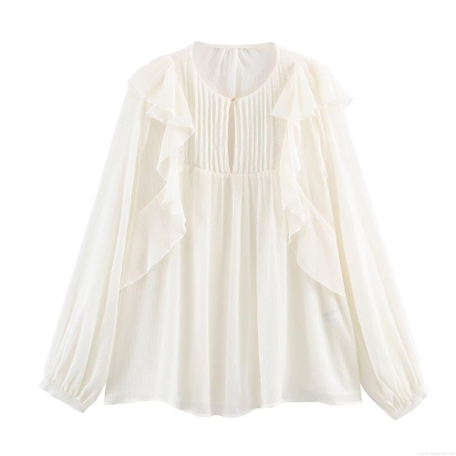 Women's Elegant Ruffle Chiffon Blouse Long Sleeve Pleated Lantern Sleeve Solid Off-white Loose Fit Shirt For Office Party Daily Streetwear Fashion