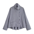 Fashion Women's High Neck Grid Shirt Casual Long Sleeve Blouse With Side Buttons Large Pocket And Asymmetric Hem Loose Fit Polyester Top For Streetwear
