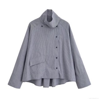 Fashion Women's High Neck Grid Shirt Casual Long Sleeve Blouse With Side Buttons Large Pocket And Asymmetric Hem Loose Fit Polyester Top For Streetwear