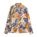 Women's Vintage Abstract Floral Print Long Sleeve Satin Blouse Loose Fit Button Down Boho Shirt Casual Summer Beach Holiday Tops