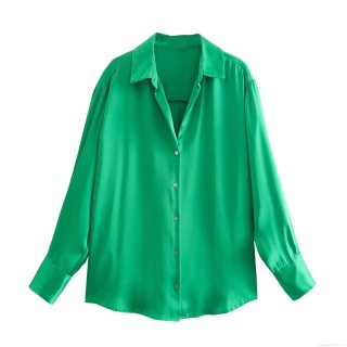 Women's Elegant Satin Button Down Long Sleeve Shirt Loose Casual Blouse Silk Like Solid Color Top For Work Streetwear Ladies