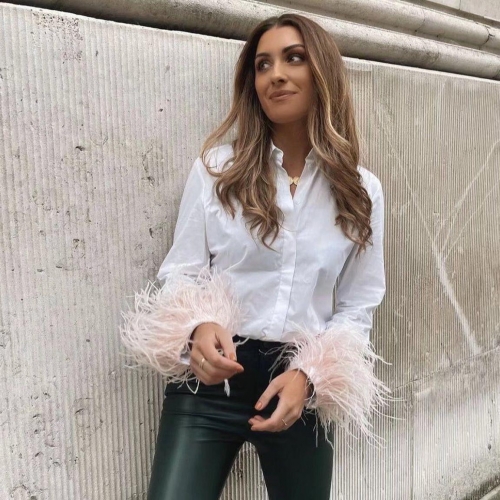 Women's Fashion Long Sleeve Button Down Shirt With Ostrich Feather Cuffs Elegant White Commuter Blouse Polyester Cotton Patchwork Tops For Party Streetwear