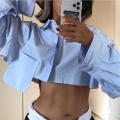 Women Y2K Streetwear Cropped Cotton Blend Shirt Long Sleeve Turn-down Collar Solid Color Blouse With Large Pocket For Casual Daily Wear Ins Style