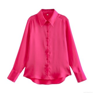 Women Elegant Satin Blouse Long Sleeve Button Down Shirt Solid Color Loose Fit Turn Down Collar Casual Office Streetwear Chic Ladies Silk Like Tops