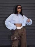 Women's Sexy Cropped Long Sleeve Button Down Shirt Solid Color Polyester Lapel Collar Blouse With Chest Pocket Casual Streetwear Autumn Top