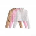 Women's Polyester Long Sleeve Crop Shirt Y2K Streetwear Solid Color Button Down Blouse With Dual Pockets Casual Slim Fit Top For Women