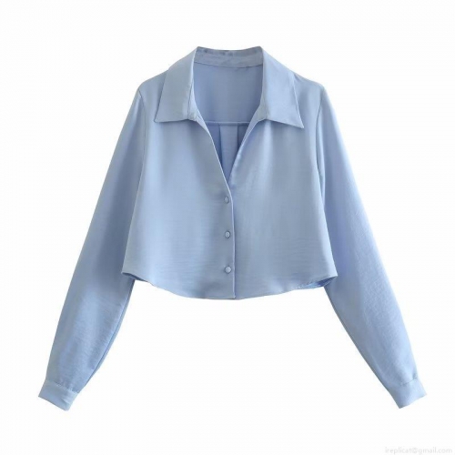 Y2K Fashion Women's Satin Texture Blouse Long Sleeve Lapel Button Down Shirt Casual Solid Color Silky Elegant Office Lady Crop Tops Streetwear