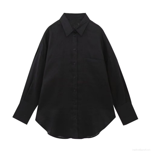 Women's Long Sleeve Button Down Shirt Turn-down Collar Solid Color Loose Fit Oversized Blouse With Chest Pocket Casual Streetwear Minimalist Y2K Style Top