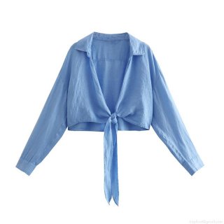 Women's Y2K Cropped Tie-Front Shirt Lapel Long Sleeve 100% Polyester Solid Color Blouse Top For Summer Spring Vacation Party Streetwear