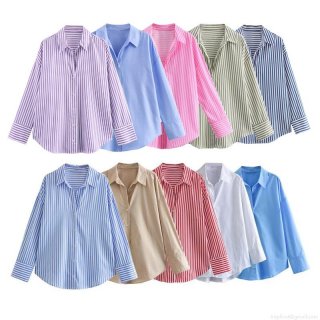 Women's Loose Poplin Striped Long Sleeve Shirt Button Down Lapel Oversized Blouse Streetwear Casual Office Top White Blue Red Khaki
