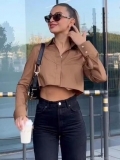 Women Y2K Long Sleeve Crop Top Shirt Solid Color Loose Fit Polyester Blouse Streetwear Casual Single Breasted Button Down Cardigan For Ladies Spring Autumn