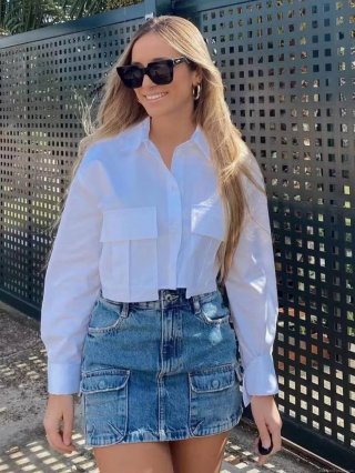 Women's Fashion Long Sleeve Crop Shirt Blouse Solid Color Turn-down Collar Button Down Work Shirt With Two Flap Pockets Casual Streetwear Tops For Women
