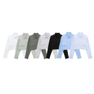 Women's Cropped Long Sleeve Shirt Casual Polyester Blend Button Down Lapel Blouse With Double Pockets Streetwear Solid Color Cargo Top