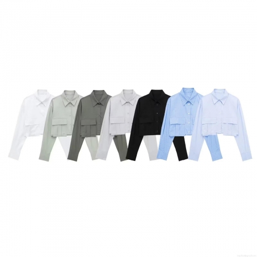 Women's Cropped Long Sleeve Shirt Casual Polyester Blend Button Down Lapel Blouse With Double Pockets Streetwear Solid Color Cargo Top