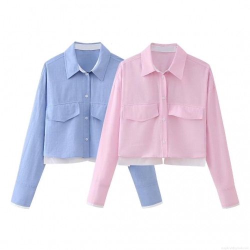 Women's Fake Two-Piece Crop Shirt Long Sleeve Polyester Contrast Trim Polo Collar Button Down Top Casual Streetwear Blouse With Double Pockets