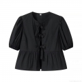 Women Puff Short Sleeve Blouse Bow Tie Front Ruffle Hem Solid Color Streetwear Summer Slim Fit Polyester Top