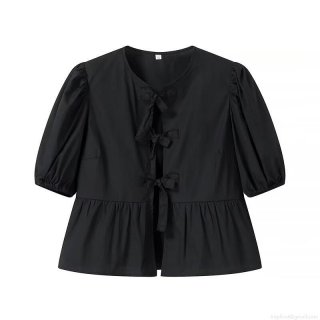 Women Puff Short Sleeve Blouse Bow Tie Front Ruffle Hem Solid Color Streetwear Summer Slim Fit Polyester Top