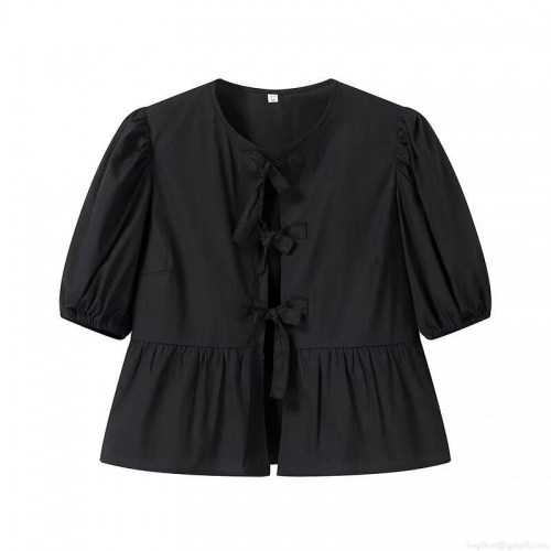 Women Puff Short Sleeve Blouse Bow Tie Front Ruffle Hem Solid Color Streetwear Summer Slim Fit Polyester Top