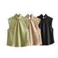 Women's Elegant Sleeveless Satin Blouse High Neck Pleated Halter Top Silky Texture Office Party Summer Streetwear Blouse For Women