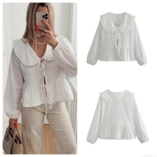 Women's Solid Color Polyester Ruffle Doll Collar Long Sleeve Blouse Vintage Tie-Front Peplum Top French Style Lantern Sleeve Shirt Streetwear