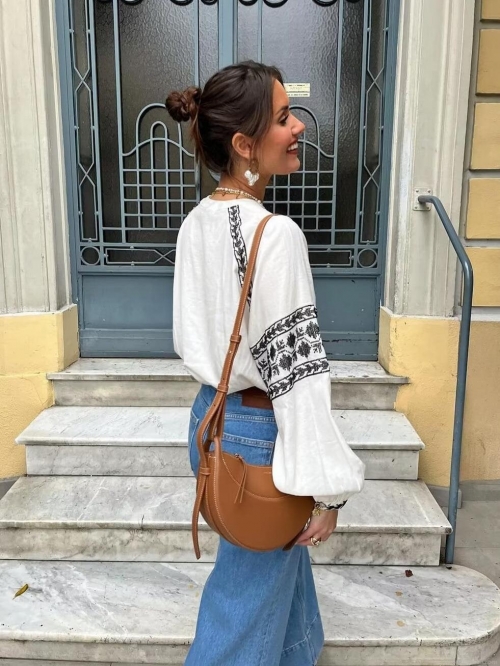 Women's V Neck Embroidery White Blouse Bohemian Long Sleeve Loose Polyester Shirt For Summer Streetwear Casual Fashion